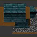 Wooden House Model With Blue Roof Multi Level Structure Stone Base And Staircase Design