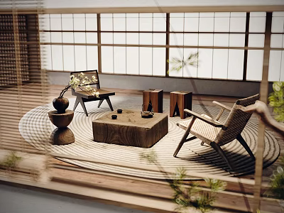 Japanese Style Leisure Sofa Set with Rattan Chairs and Wooden Coffee Table on Area Rug 3d model
