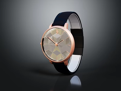 Modern Watch with Black Leather Strap Rose Gold Case and Geometric Dial Design 3d model