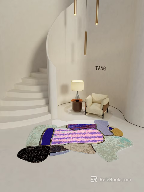 Stylish Decorative Rug in Modern Interior with White Spiral Staircase Beige Armchair and Table Lamp 3d model 
