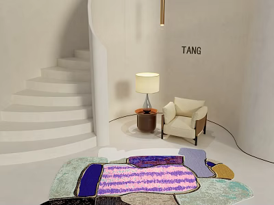 Stylish Decorative Rug in Modern Interior with White Spiral Staircase Beige Armchair and Table Lamp 3d model