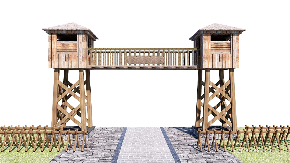 Wooden Entrance Gate With Dual Roofed Towers Connecting Walkway And Brick Pathway 3d model 