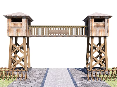 Wooden Entrance Gate With Dual Roofed Towers Connecting Walkway And Brick Pathway 3d model