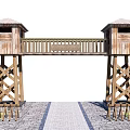 Wooden Entrance Gate With Dual Roofed Towers Connecting Walkway And Brick Pathway