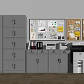 Grey Office Bookcases With Bulletin Boards Charts Notes File Cabinets And Printers