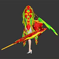 Game and Movie Character With Silver Gray Hair White Top Red Yellow Green Colorful Structures
