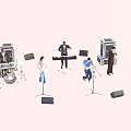 Group of Musicians Performing on Stage with Drums Keyboard and Microphones
