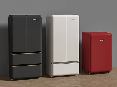 HOMZ Black White Red Refrigerators Freezers Three Units On Wooden Floor Against Gray Wall 3d model