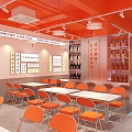 Orange Decor Grilled Fish Restaurant Interior With Refrigerator Display Tables And Pendant Lights