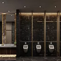Public Restroom Interior With Marble Walls Wooden Doors Decorative Painting And Cabinet With Vases