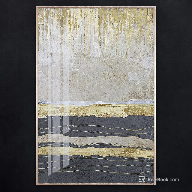 Elegant Framed Abstract Art With Gold Gray Lines And Glass Cover For Wall Decor 3d model 