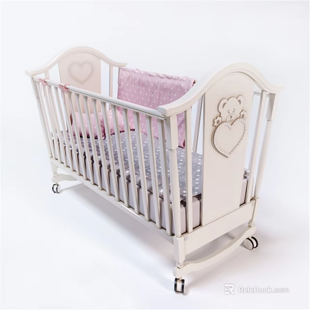 White Baby Crib With Teddy Bear Heart Decoration Pink Pillow And Gray Polka Dot Mattress 3d model 
