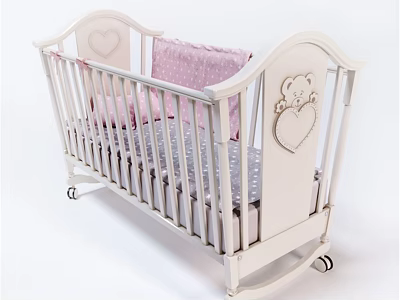 White Baby Crib With Teddy Bear Heart Decoration Pink Pillow And Gray Polka Dot Mattress 3d model