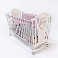 White Baby Crib With Teddy Bear Heart Decoration Pink Pillow And Gray Polka Dot Mattress