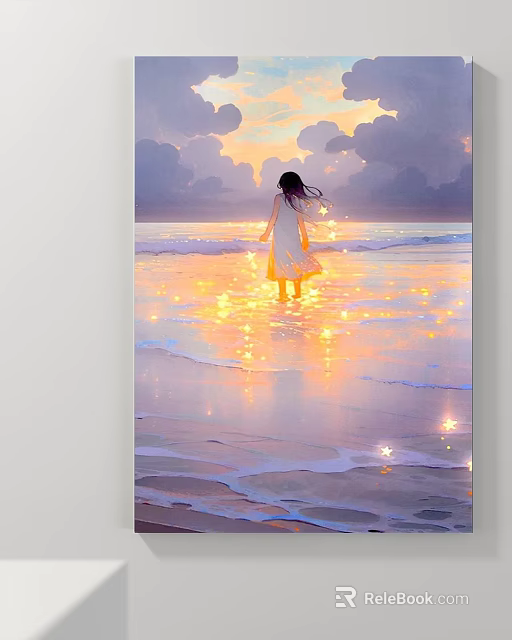 Seaside Sunset Landscape Painting With Girl Standing And Golden Water Reflections In Cloudy Sky 3d model 