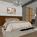 Modern Bedroom Interior With Wooden Headboard White Bedding Chandelier Area Rug And Accent Chair