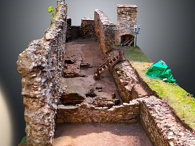 Ancient Ruins Archaeological Site With Stone Walls Earthen Ground Green Tarp And Grass 3d model