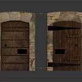 Pair of Medieval Wooden Doors With Stone Frames And Iron Bars 3d model