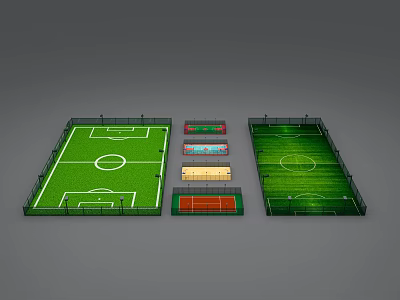 Various Soccer Field Designs With Green Grass Fenced Areas And Seating Stands 3d model