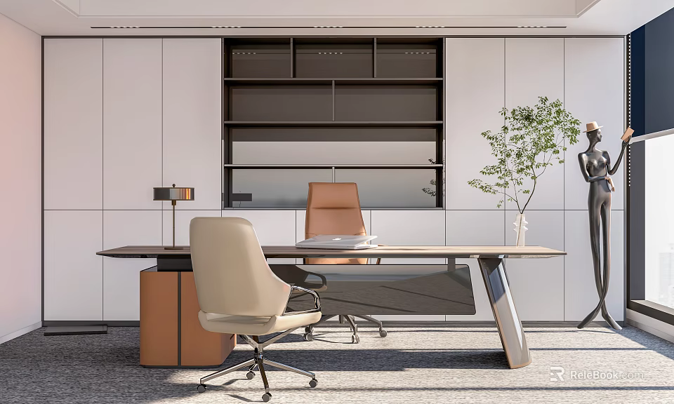 Modern Office Interior With Wooden Desk Ergonomic Chairs Open Bookshelf And Green Plant 3d model 