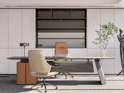 Modern Office Interior With Wooden Desk Ergonomic Chairs Open Bookshelf And Green Plant 3d model