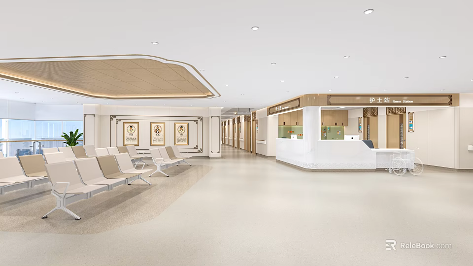 Hospital Outpatient Clinic Lobby With Waiting Seats And Nurse Station 3d model 