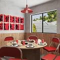 Traditional Hotpot Restaurant With Red Banners Wooden Tables Lattice Partitions And Green Plants