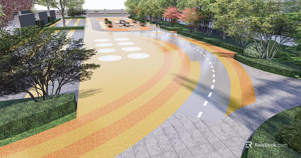 Fire Rescue Access Area With Colored Paved Surface Circular Markings And Greenery 3d model