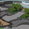 Modern Commercial Landscape Design With Curved Pathways Purple Structures And Lush Greenery