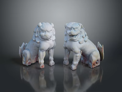 Pair of Traditional Carved Stone Lion Statues with Reflective Base 3d model