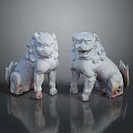 Pair of Traditional Carved Stone Lion Statues with Reflective Base
