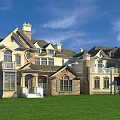 Luxurious Detached Single Family Houses On Green Lawn With Multiple Roofs And Porches