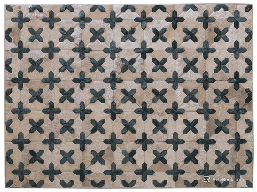 Beige Square Rug With Black Geometric Cross Patterns And Soft Textured Surface 3d model 