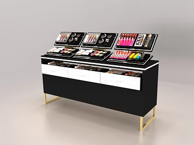 Black And White Cosmetics Display Shelf With Gold Legs Layered Shelves And Drawers 3d model