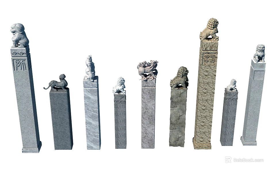 Different Types Of Carved Stone Pillars With Sculpted Tops And Ornate Details 3d model 