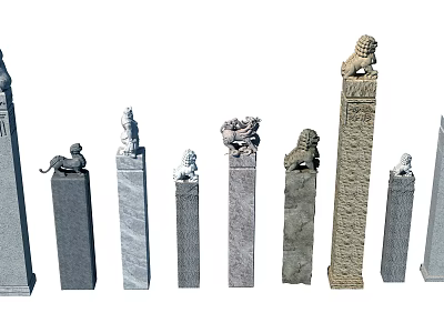 Different Types Of Carved Stone Pillars With Sculpted Tops And Ornate Details 3d model