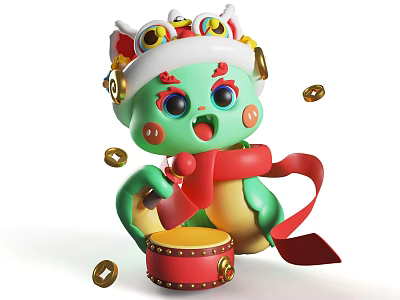 Green Cartoon Figure Window Display With Traditional Headdress Gold Coins Red Drum And Festive Ribbon 3d model