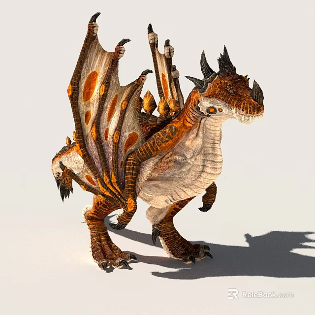 Mythical Fantasy Dragon Creature with Orange White Body Spotted Wings Black Horns and Sharp Claws 3d model 