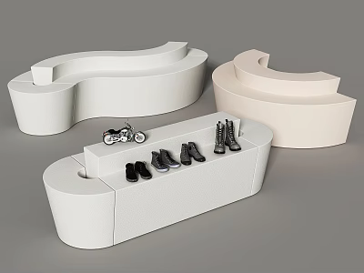White Curved Display Shelves With Shoes And Small Motorcycle Model 3d model