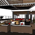 Hotel Public Lounge Area With Wooden Slatted Ceiling Red Armchairs And Open Layout