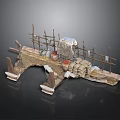 Detailed Construction Site Model With Scaffolding Bricks Barrels And Stones