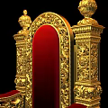 Intricate Golden Carved Throne With Red Upholstered Seat And Armrests