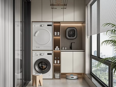 Tidy Modern Home Balcony Design With Washer Dryer Storage Cabinets And Potted Plant 3d model