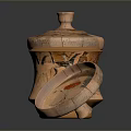 Orange Red Pottery Jar Sculptures With Carved Patterns Lids And Dark Background Reflections