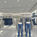 Modern Clothing Store Interior with Jeans Tops Display Racks and Mannequins