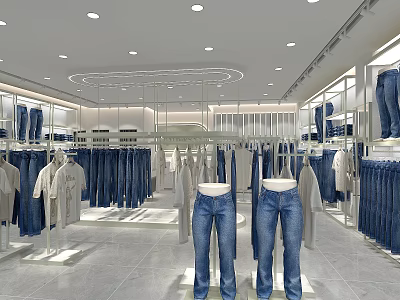Modern Clothing Store Interior with Jeans Tops Display Racks and Mannequins 3d model