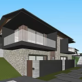 Modern Detached Villa With Stone Wall Glass Railing Balcony And Lawn Stone Path