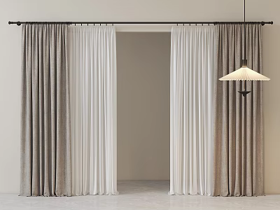 Elegant Gray And White Velvet Curtains Hanging On Black Rod In Interior Room 3d model