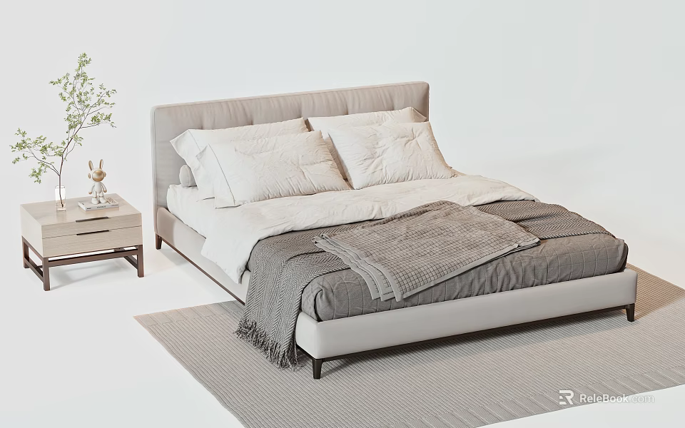 Double Bed with Light Gray Headboard White Pillows Gray Blanket Nightstand Plant Vase and Rug 3d model 