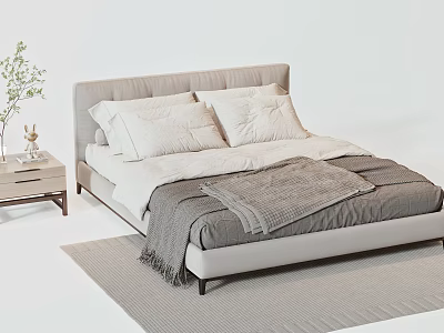 Double Bed with Light Gray Headboard White Pillows Gray Blanket Nightstand Plant Vase and Rug 3d model